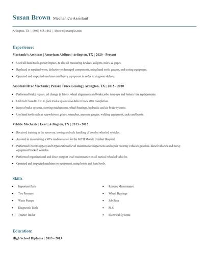 Mechanic's Assistant Resume