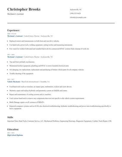 Mechanic's Assistant Resume
