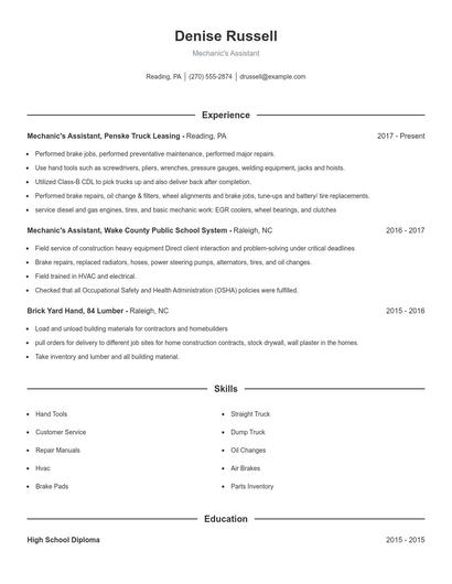 Mechanic's Assistant Resume