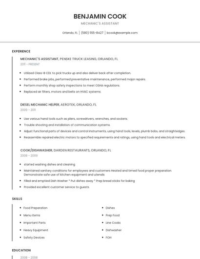 Mechanic's Assistant Resume