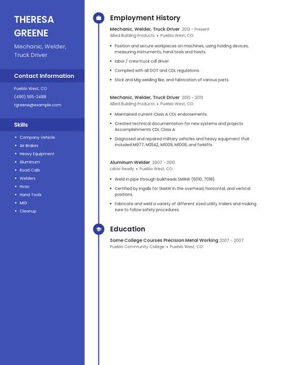 Mechanic, Welder, Truck Driver Resume