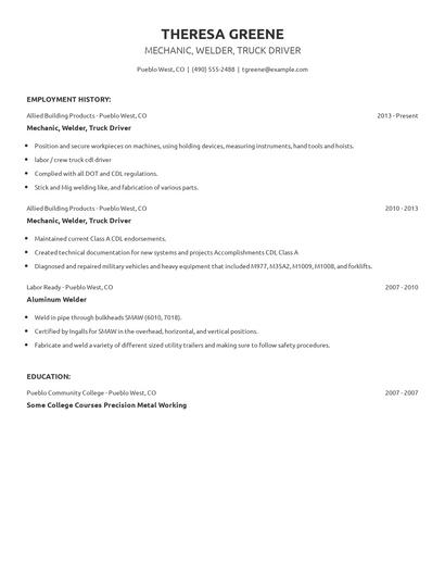 Mechanic, Welder, Truck Driver Resume