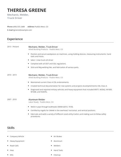 Mechanic, Welder, Truck Driver Resume