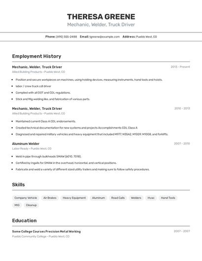 Mechanic, Welder, Truck Driver Resume