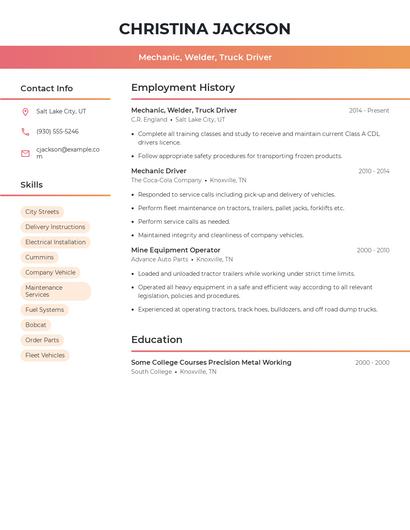 Mechanic, Welder, Truck Driver Resume