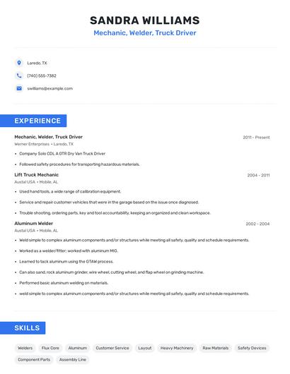 Mechanic, Welder, Truck Driver Resume