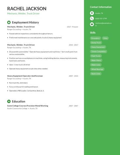 Mechanic, Welder, Truck Driver Resume