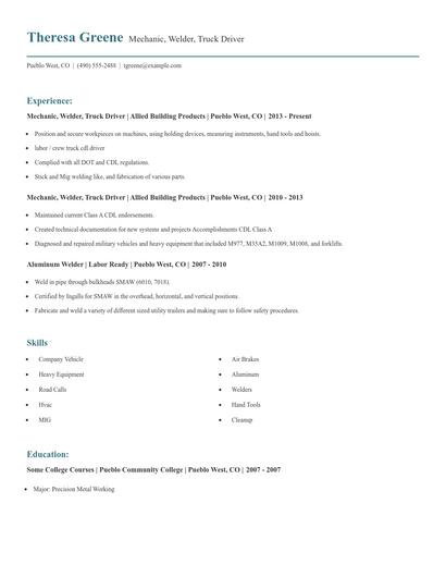 Mechanic, Welder, Truck Driver Resume