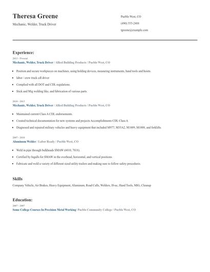 Mechanic, Welder, Truck Driver Resume
