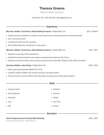 Mechanic, Welder, Truck Driver Resume