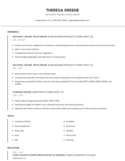 Mechanic, Welder, Truck Driver Resume