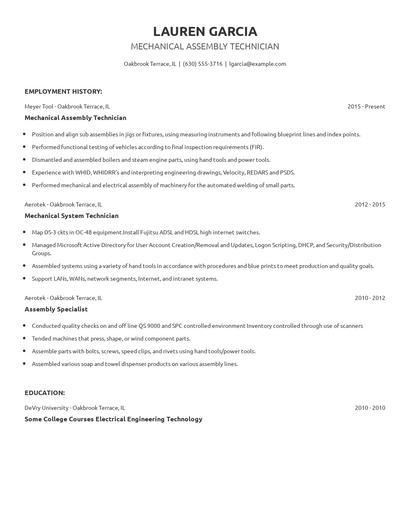 Mechanical Assembly Technician Resume