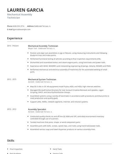 Mechanical Assembly Technician Resume
