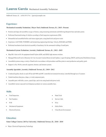 Mechanical Assembly Technician Resume