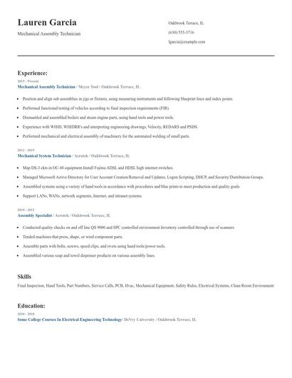 Mechanical Assembly Technician Resume