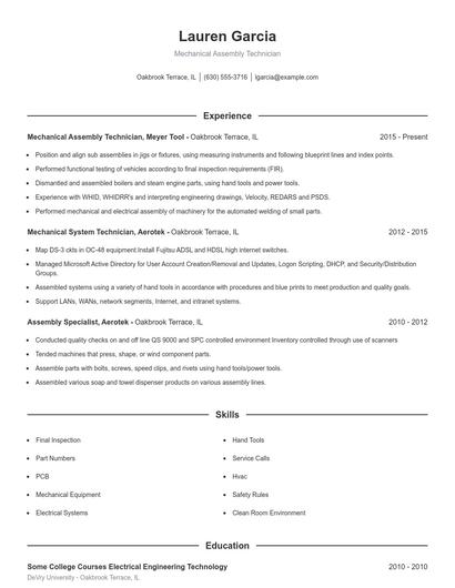 Mechanical Assembly Technician Resume