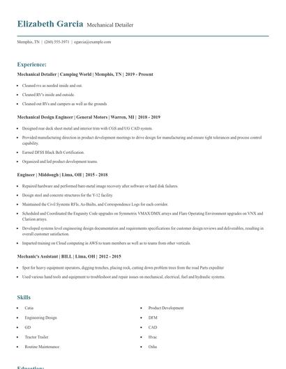 Mechanical Detailer Resume