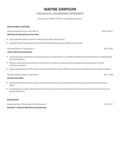 Mechanical Engineering Internship Resume