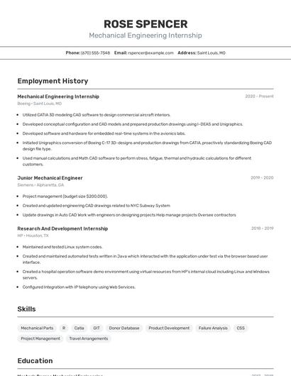 Mechanical Engineering Internship Resume