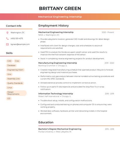 Mechanical Engineering Internship Resume