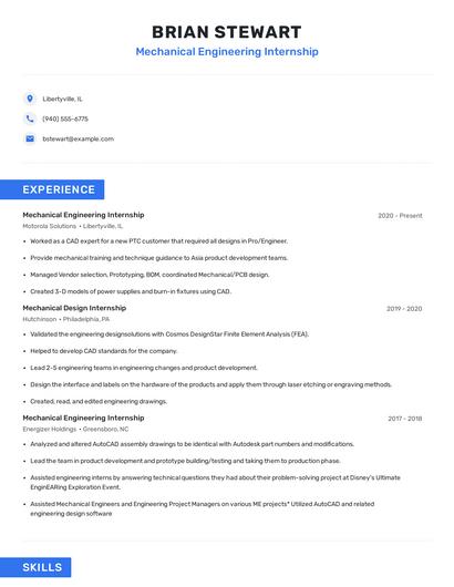 Mechanical Engineering Internship Resume