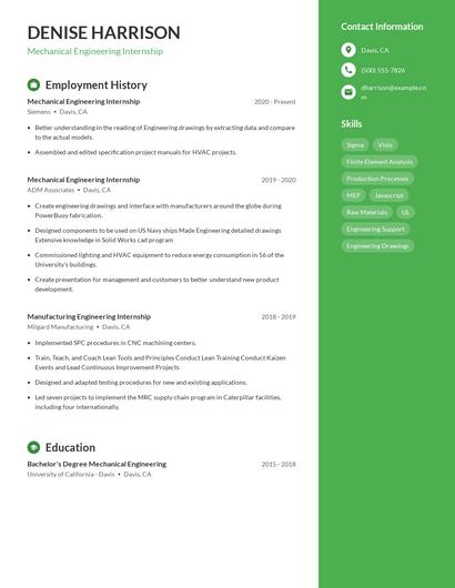 Mechanical Engineering Internship Resume