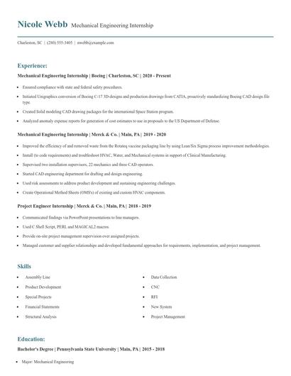 Mechanical Engineering Internship Resume