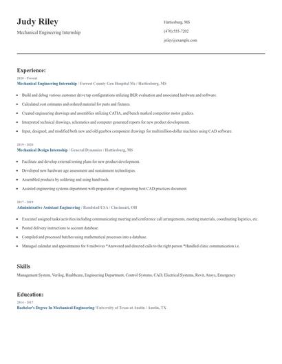 Mechanical Engineering Internship Resume