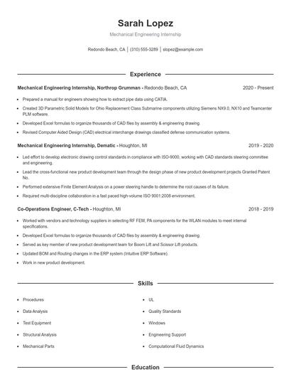Mechanical Engineering Internship Resume