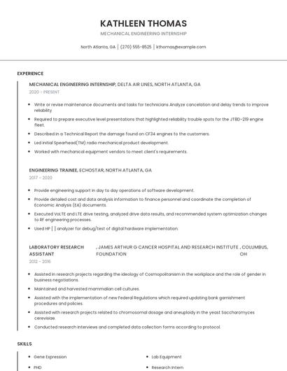 Mechanical Engineering Internship Resume