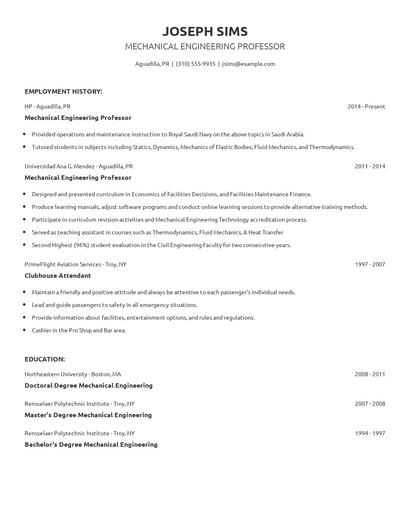 Mechanical Engineering Professor Resume