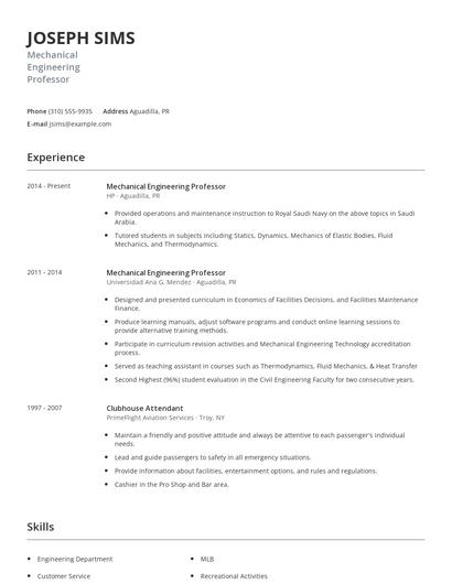 Mechanical Engineering Professor Resume