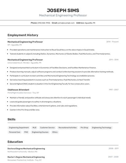 Mechanical Engineering Professor Resume