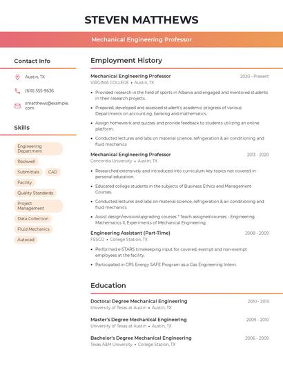 Mechanical Engineering Professor Resume