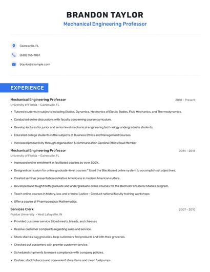 Mechanical Engineering Professor Resume