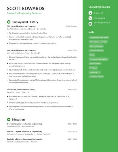 Mechanical Engineering Professor Resume