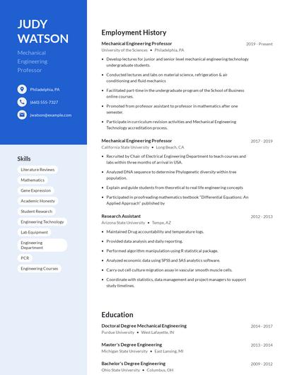 Mechanical Engineering Professor Resume