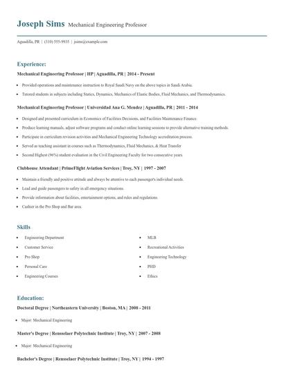 Mechanical Engineering Professor Resume