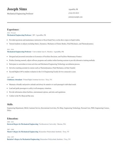 Mechanical Engineering Professor Resume