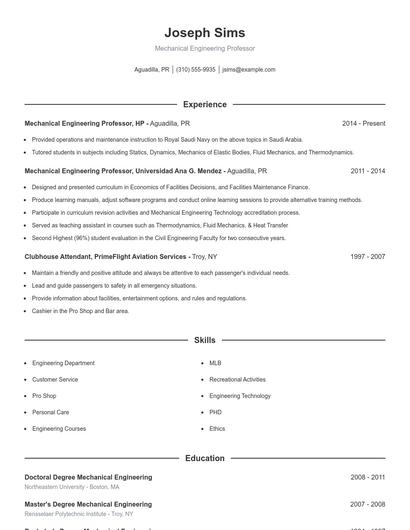 Mechanical Engineering Professor Resume