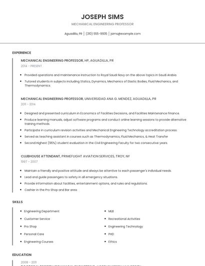 Mechanical Engineering Professor Resume