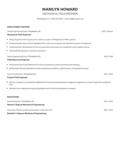 Mechanical Field Engineer Resume