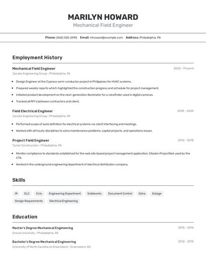 Mechanical Field Engineer Resume