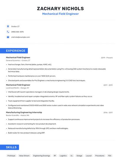 Mechanical Field Engineer Resume