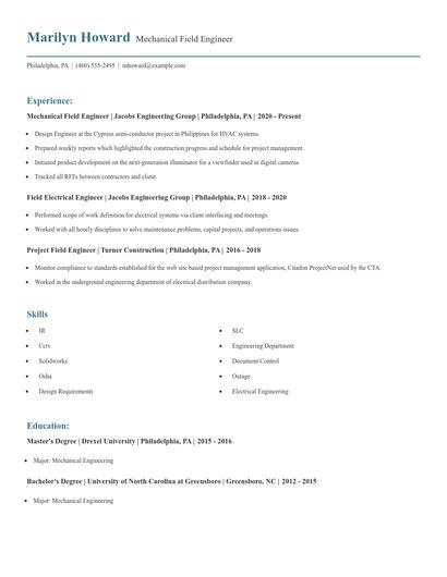 Mechanical Field Engineer Resume