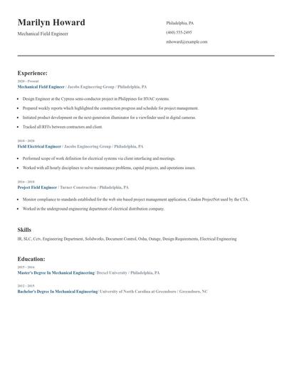Mechanical Field Engineer Resume