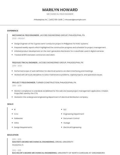 Mechanical Field Engineer Resume