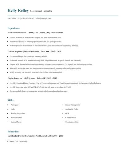 Mechanical Inspector Resume