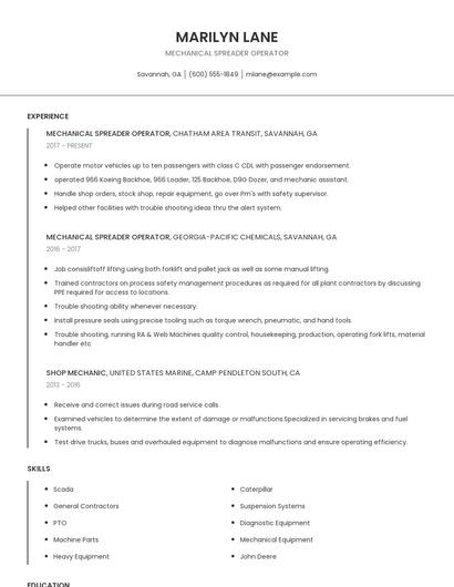 Mechanical Spreader Operator Resume