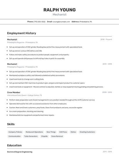 Mechanist Resume